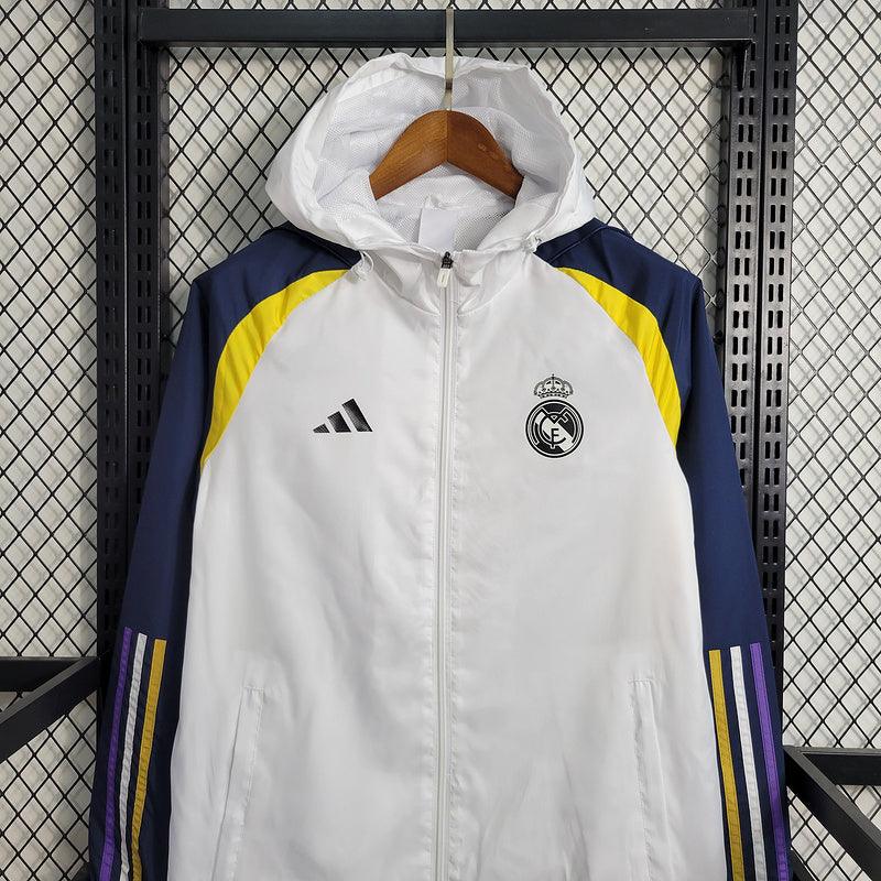 Jaqueta Corta-Vento Real Madrid 23/24 Masculino Adidas - Branco Azul Amarelo