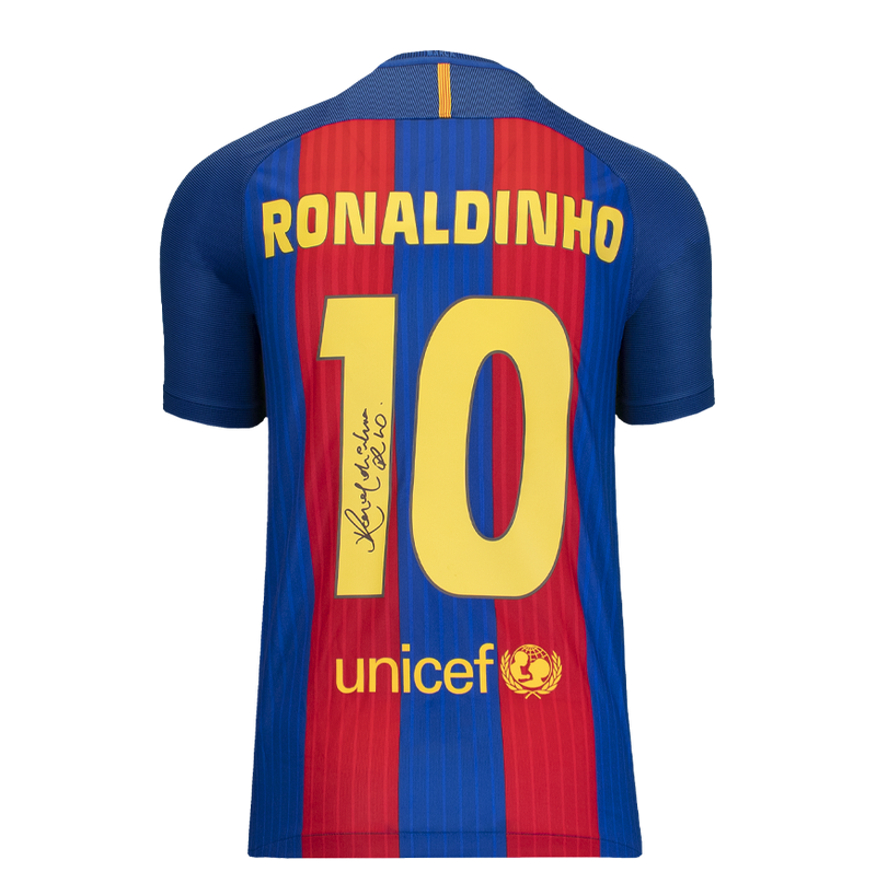 Quadro Ronaldinho camisa oficial da Liga dos Campeões da UEFA assinada e emoldurada como herói do FC Barcelona 2016-17 Home com números estilo torcedor