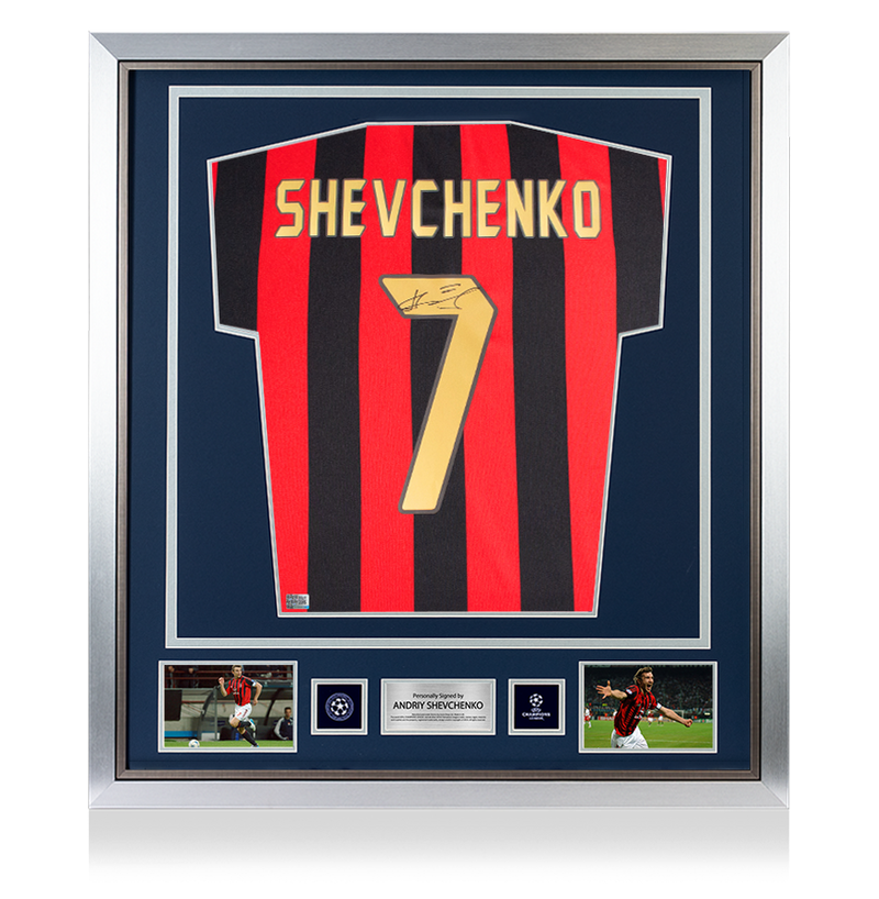 Camisa autografada Andriy Shevchenko Camisa oficial da Liga dos Campeões da UEFA assinada e emoldurada Camisa Home do AC Milan 1988 com números estilo torcedor