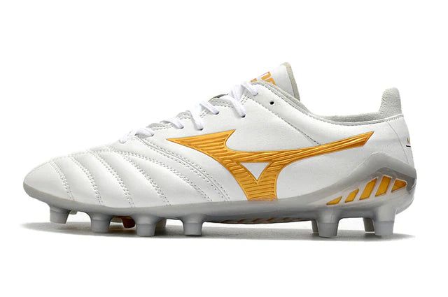 Chuteira de Campo Mizuno Morelia Neo Branca e Dourada