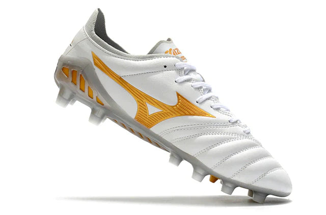 Chuteira de Campo Mizuno Morelia Neo Branca e Dourada