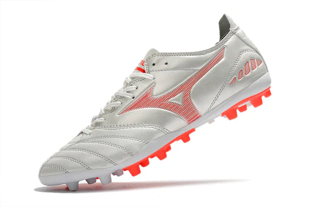 Chuteira de Campo Mizuno Morelia Neo Prata e Laranja