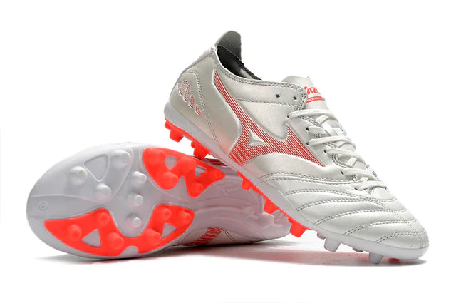 Chuteira de Campo Mizuno Morelia Neo Prata e Laranja