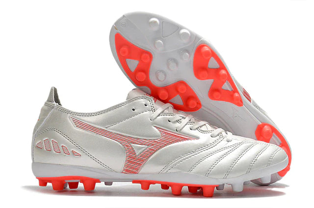 Chuteira de Campo Mizuno Morelia Neo Prata e Laranja